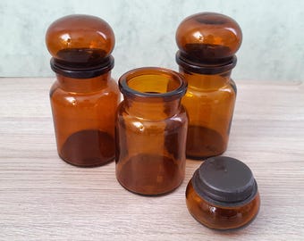 Vintage Set of 3 Glass Jars with lids Brown Containers Pharmacy Jars Home Decor