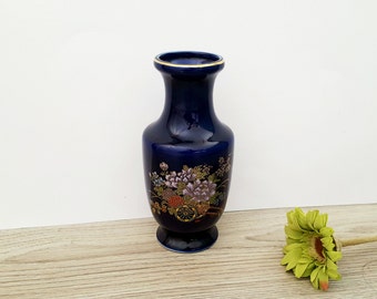 ヴィンテージ 大型日本製コバルトブルー花瓶、金箔押し花模様、12