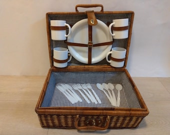 Vintage Wicker Picnic Basket with Dinnerware Wicker Suitcase Home Decor