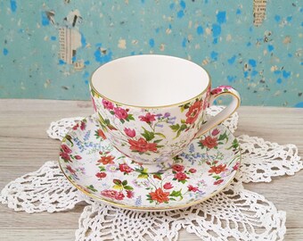 Dutch Vintage  Ceramic Flowers Cup with Saucer Kitchen Decor