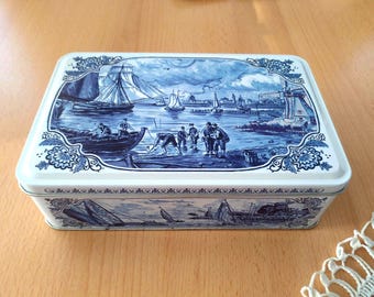 Vintage Dutch Blue and White Cookie Tin Box Delft Blue Kitchen Decor