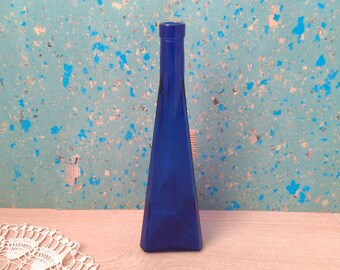 Vintage Cobalt Blue Glass Bottle Vase Triangular Home Decor