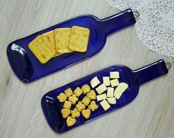 2 Blue Glass Bottles Flat Trays Cobalt Cheese Crackers Trays Kitchen Home Decor