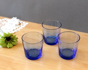 Vintage Set of 3 Blue Glasses Short Drinking Liqueur Glasses Kitchen Decor
