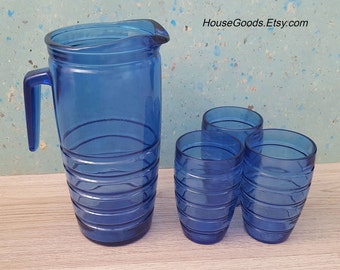 Vintage Set Blue Glass Pitcher with Glasses Dutch Glass Set Pitcher Glasses Blue Glass Water Jug Glasses Kitchen Decor