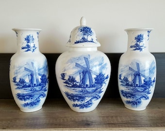 Vintage Set Vases Ceramic Vases Dutch Vases Delfts Blue Vases Ceramic Vase Blue and White Vase with Lid Home Decor