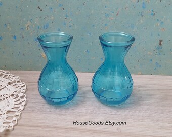 Vintage Miniature Set Small Blue Glass Vases Home Decor