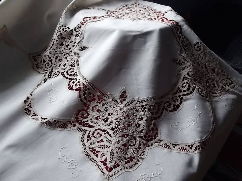 Handmade lace Battenburg tape lace tablecloth Light beigeecru cotton tablecloth Vintage 1970s.