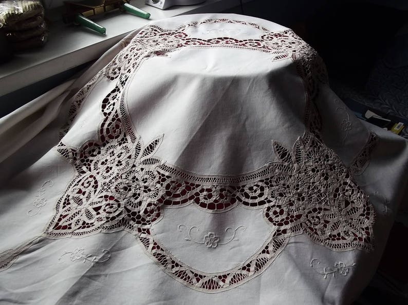 Handmade lace Battenburg tape lace tablecloth Light beigeecru cotton tablecloth Vintage 1970s.