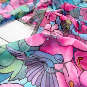 Silk Scarf Hummingbird With Hibiscus Flowers. Hand Painted Colibri Bird ...