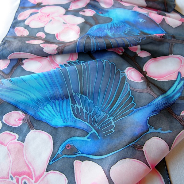 Blue Bird scarf hand painted with magnolia flowers & Starling on pure silk for 4th aniversary