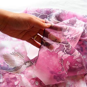 Cherry blossom scarf, sparrows birds hand painted on scarves. Pink art with sakura, japan style gift for mom