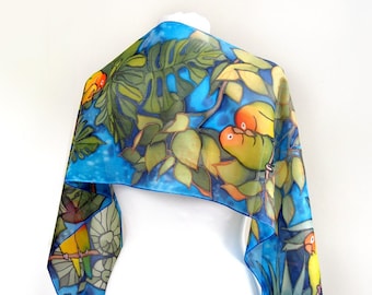 Lovebird parrot scarf, hand painted silk scarves with tropical birds. Rain forest animal design with monstera leafs