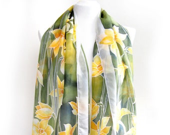 Silk scarf with Daffodils, hand painted with Narcissus yellow flowers as mother day gift