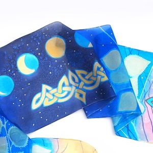 Celtic Moon silk scarf - hand painted scarves - Celtic Knot, moon phrases, stars, birch tree branches - magic symbols silk wrap - head scarf