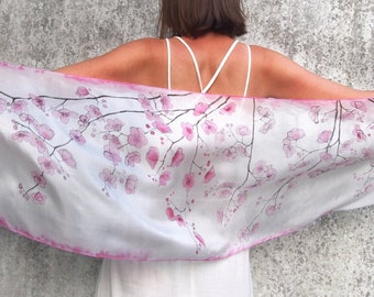 White silk scarf Cherry Blossom flowers in pastel pink. Mothers Day gift scarves, lightweight head scarf