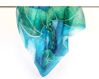 Dragon scarf big square silk scarf Dragon - Green scarf - Blue scarves - hand painted scarves dragon scale - flying dragon, geek gift