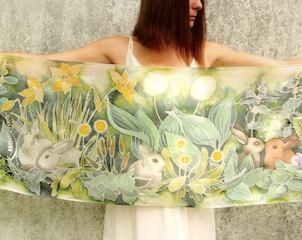 Bunny silk scarf hand painted, rabbit gift for easter, spring green scarf with flowers, herbs and animals