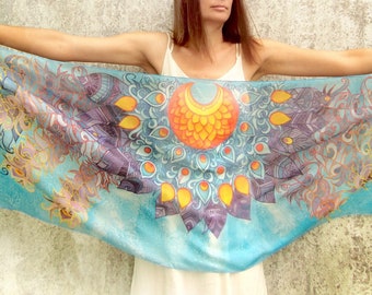 blue silk scarf, XL bride scarves, big silk wrap church, hand painted fantasy wedding veil, fairy shawl - peacock feathers, Art Novueau