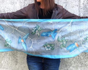 Bluebird silk scarf - hand painted silk scarves in gray and blue - birds flying - apple flowers painting on silk - watercolor scarf long