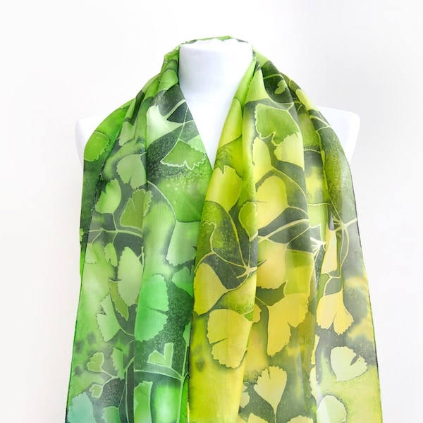 Ginko silk scarf, hand painted in gradient green lime to emerald, leaf shoulder wrap for mother's day