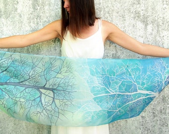 Mint blue silk scarf - Trees scarf hand painted - silk painting - light scarf - summer cool beach scarf - girlfrend's gift - mom gift silk