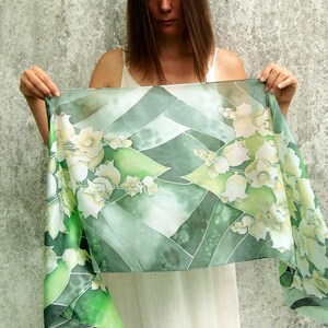 Green wedding scarf, Lily of the Valley flowers, hand painted scarves for bride shawl, bridesmaid gift, rustic woodland wedding, muguet