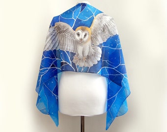 Barn Owl scarf, blue hand painted silk scarves, animal lover gift