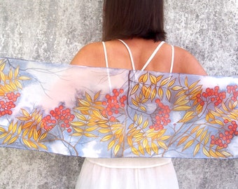 Mountain Ash scarf - hand painted gray & white silk scarf with gold leafs and orange berries, winter design on slim scarves