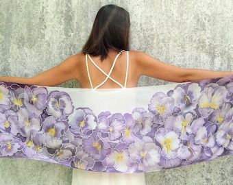 Purple scarf, pansy painted silk scarf with flowers, light weight pure Habotai for Mother's Day