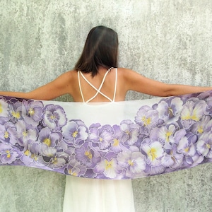 Purple scarf, pansy painted silk scarf with flowers, light weight pure Habotai for Mother's Day image 1