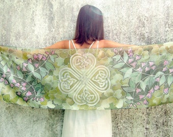 Silk scarf Celtic Knot hand painted, shamrock fuchsia flowers, scarves green gift