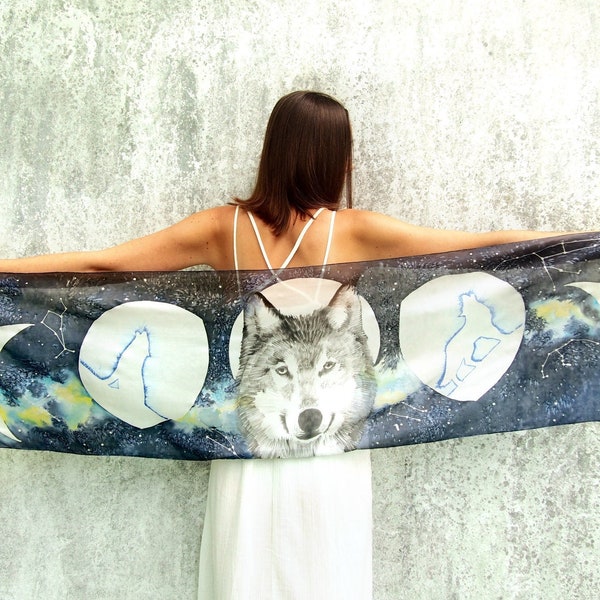 Wolf Moon scarf, painted on silk, unisex goth gift with dark fantasy desing for men or women - choose your constellations