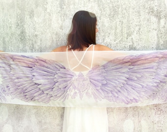 Purple Wings scarf, wedding silk scarves hand painted with feathers, light bridal shawl, wedding veil, fairy wings accessories