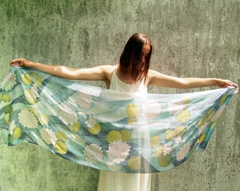 pareo - hand painted scarf with waterlilies oversized scarves, XL beach wrap pale teal and pink with small imperfection