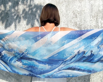 Ocean silk scarf, hand painted scarves blue waves, sea fashion, marine gift, nautical, personalize with names, teacher appreciation gift