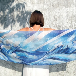 Oceaanzijden sjaal, handgeschilderde sjaals blauwe golven, zeemode, zeecadeau, nautisch, personaliseren met namen, leraar waardering cadeau