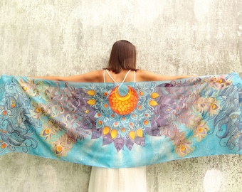 XL big silk scarf, hand painted on silk with peacock feathers, pareo Art Nouveau, extra large wrap, fairy costume wings, wedding veil