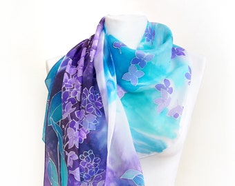 Purple & turquoise scarf, hand painted with lilac flowers. 100% natural silk scarves, long shawl, two colored floral pattern, gift for mom