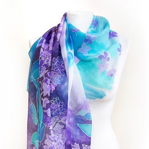 Purple & turquoise scarf, hand painted with lilac flowers. 100% natural silk scarves, long shawl, two colored floral pattern, gift for mom