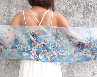 Blue silk scarf with white silver cherry blossom, white flowers hand painted on slim scarves, gray sakura