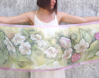 Watercolor silk scarf - blueberry silk scarves hand painted, pastel colors long scarr, mothers day gifts - powder pink muted tones
