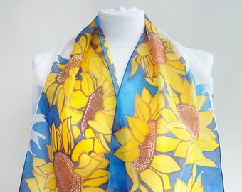 Sunflower silk scarf - hand painted silk scarves with yellow big sunflowers on blue background, neck lightweight silk wrap for women