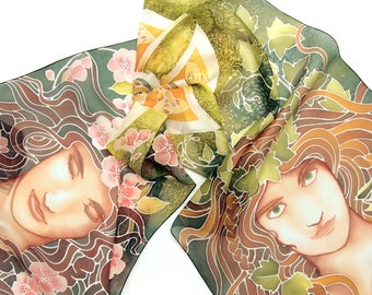 Elf silk scarf, Celtic Cross goddess hand painted scarves. Green fantasy wrap gift her, women face on oblong scarves.