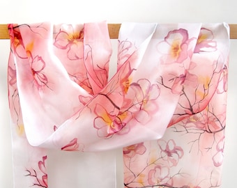 Peach pink silk scarf, hand painted scarves with big cherry blossom flowers in watercolor style. Mothers Day gift, translucent head scarf