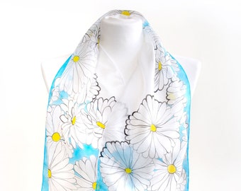 Daisy silk scarf hand painted on pure silk slim scarves in white and blue - neck scarf or head scarf, white dasies silk scarves