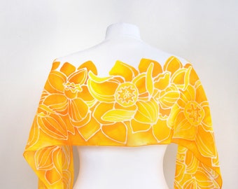 Yellow silk scarf with daffodils, hand painted scarves: floral pattern, orange sunny narcissus, small scarf, head scarves, silk gift