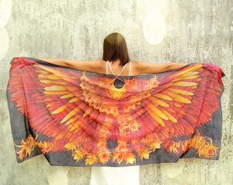 Phoenix silk scarf XL, festival hand painted scarves with wings, red feathers beach wrap, big pareo, fantasy art navy blue