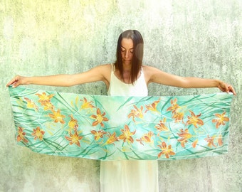 Silk scarf painted by hand with Daylily flowers, turquoise scarves for summer gift - Daylilies art