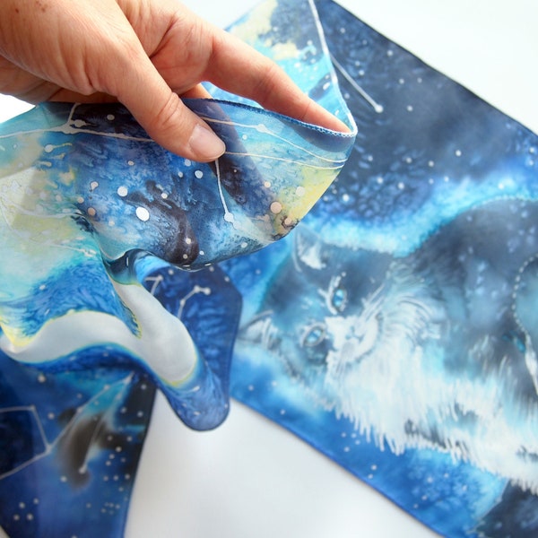 Mai Coon silk scarf - hand painted cat scarf - galaxy scarf animal - Milky Way, Crescent Moon & Zodiac Signs made of stars on night sky